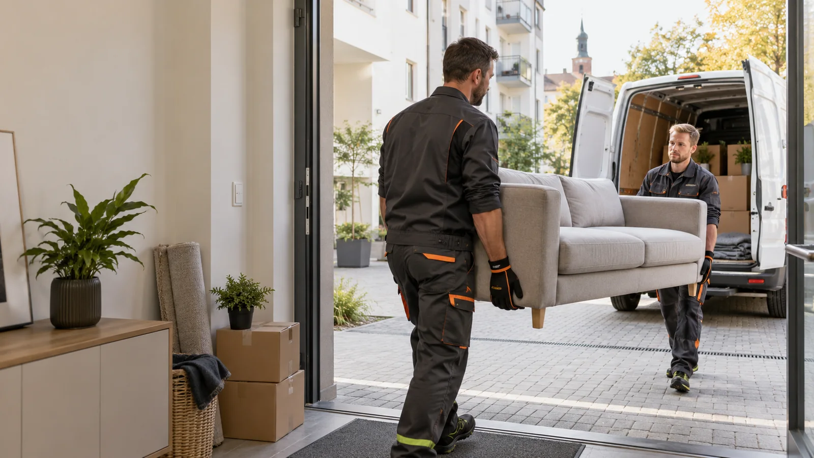 Ekipa wynosi kanapę z mieszkania do samochodu transportowego